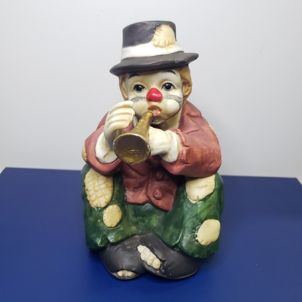 Vintage Ceramic Hobo Clown Playing Horn Music Box Figuring - Works Great!